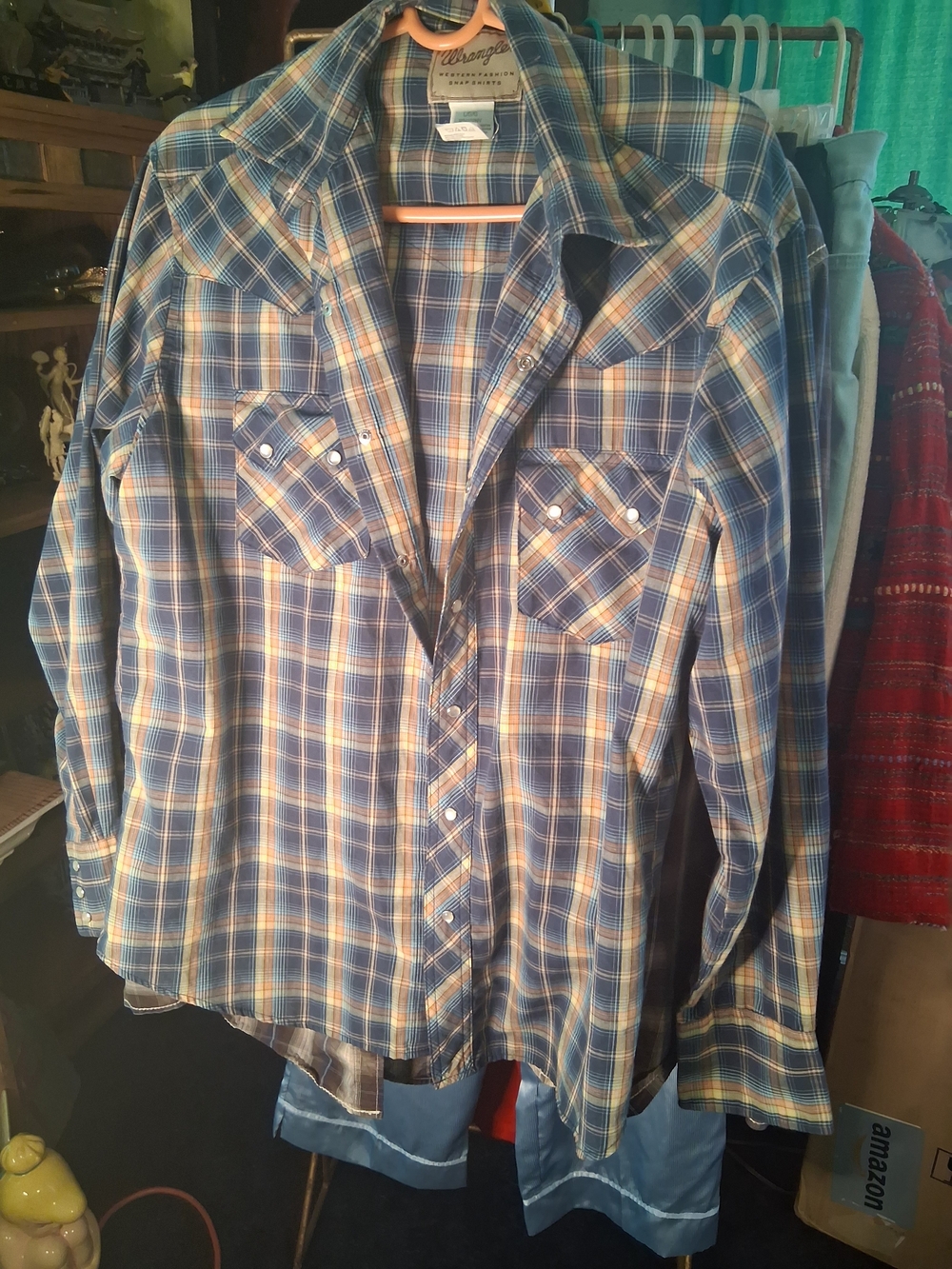 Wrangler Mens Blue Plaid Long-Sleeve Western Shirt